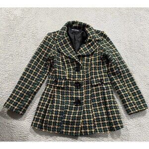 Beta House Jacket Womens Large Green Yellow Houndstooth Plaid Wool Blend Peacoat